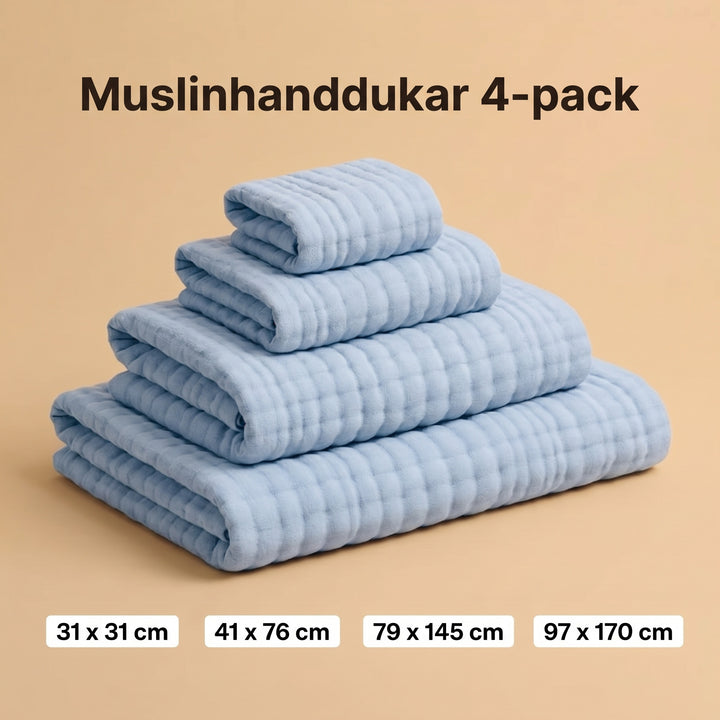 Muslinhanddukar, set med 4, himmelsblå