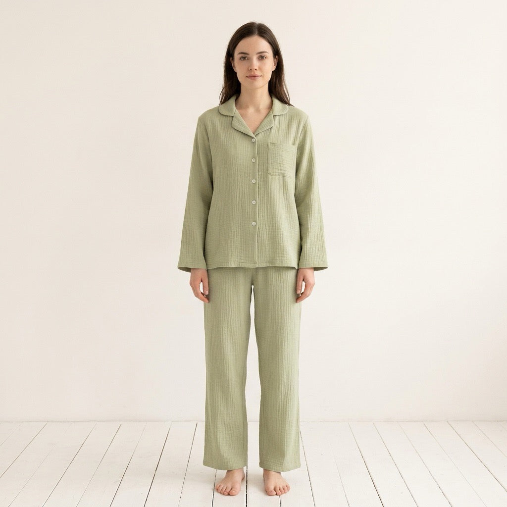 Enfärgad muslinpyjamas, salviagrön