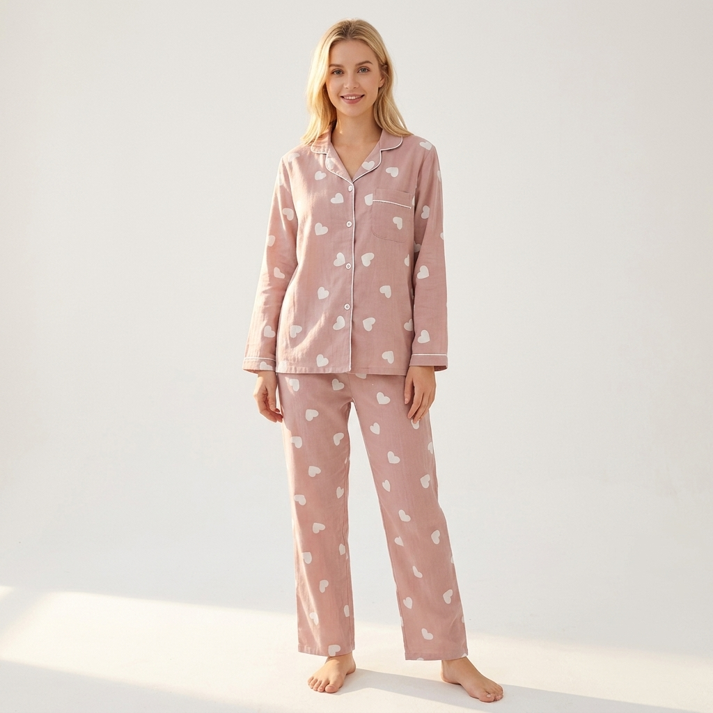 Muslinpyjamas med hjärtan, rosa