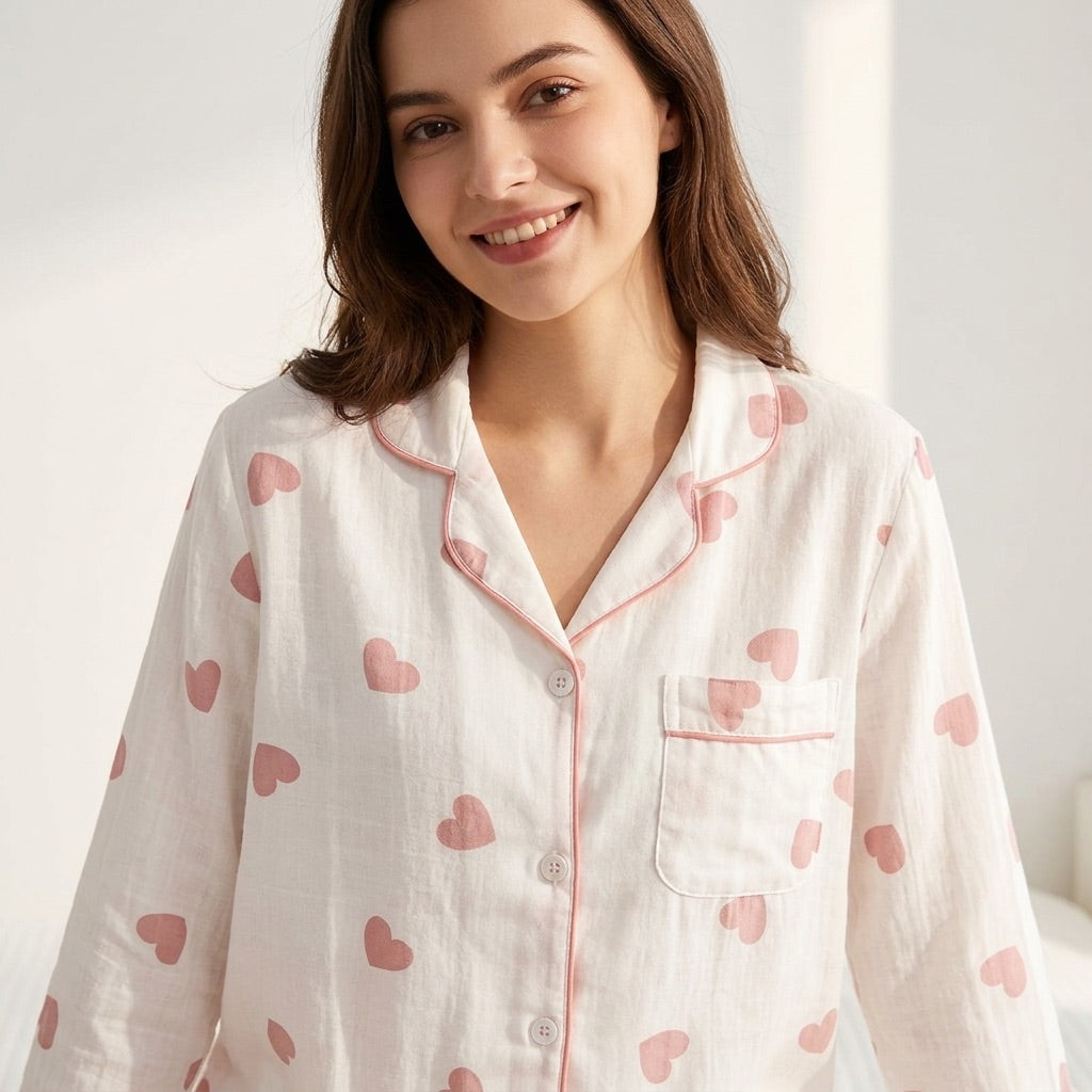 Muslinpyjamas med hjärtan
