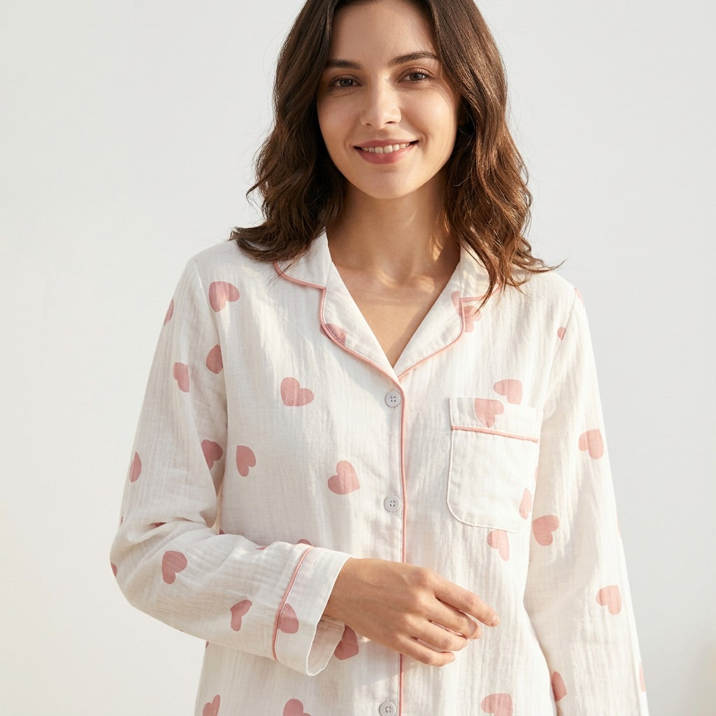 Muslinpyjamas med hjärtan