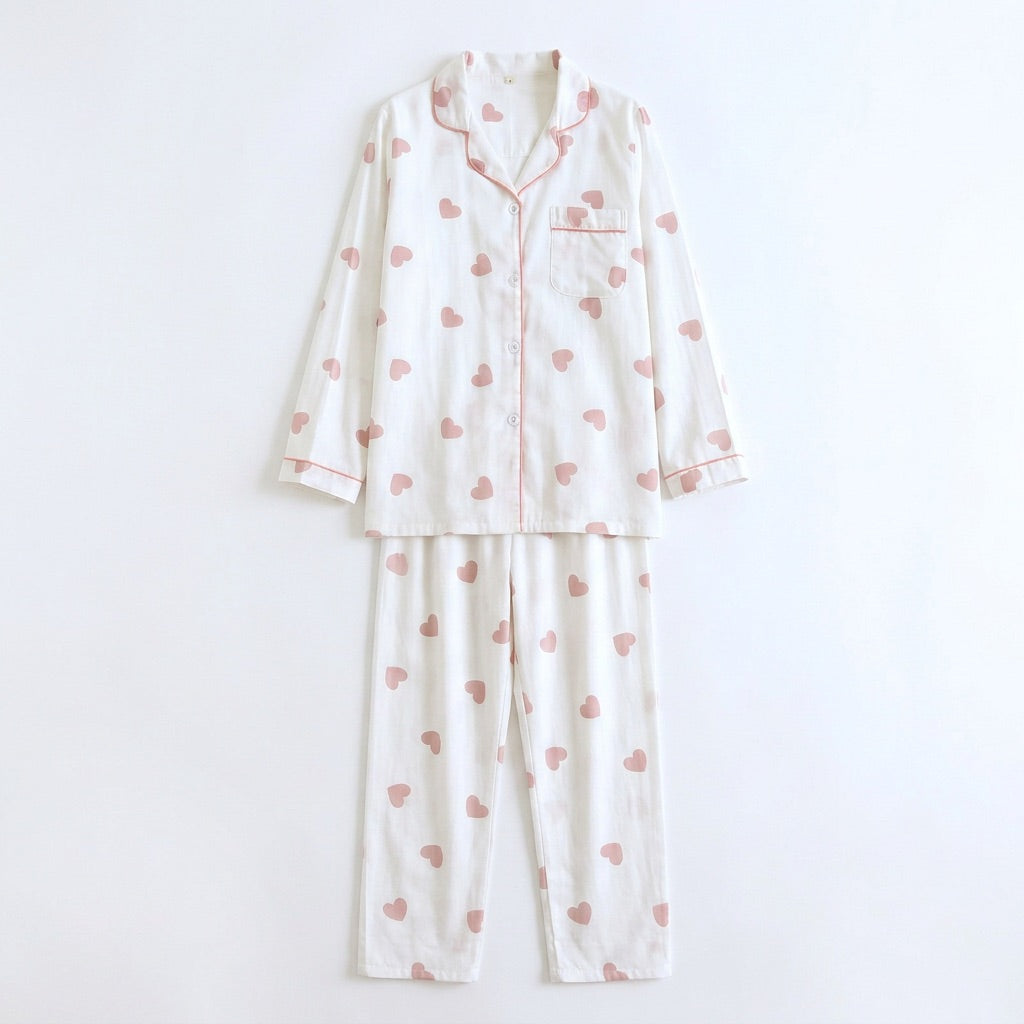 Muslinpyjamas med hjärtan
