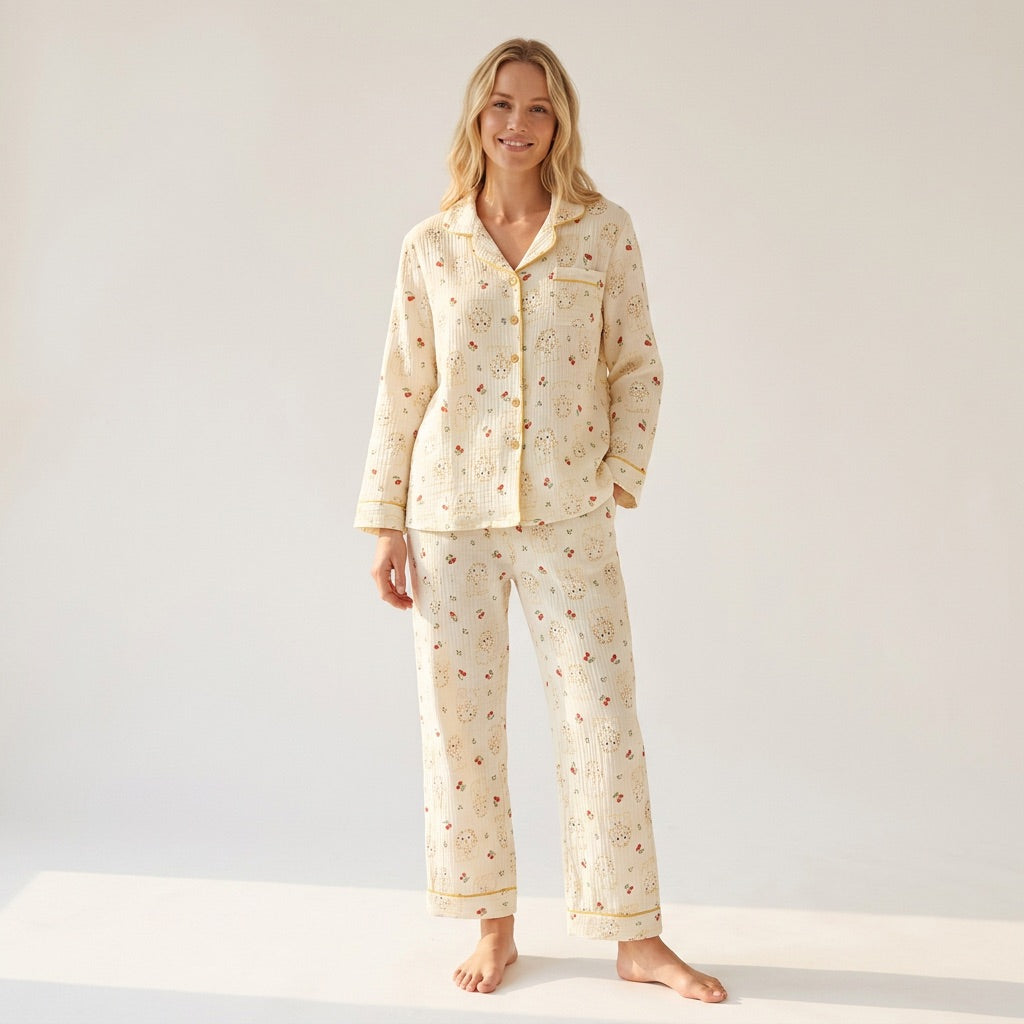 Blommig muslinpyjamas, gräddvit